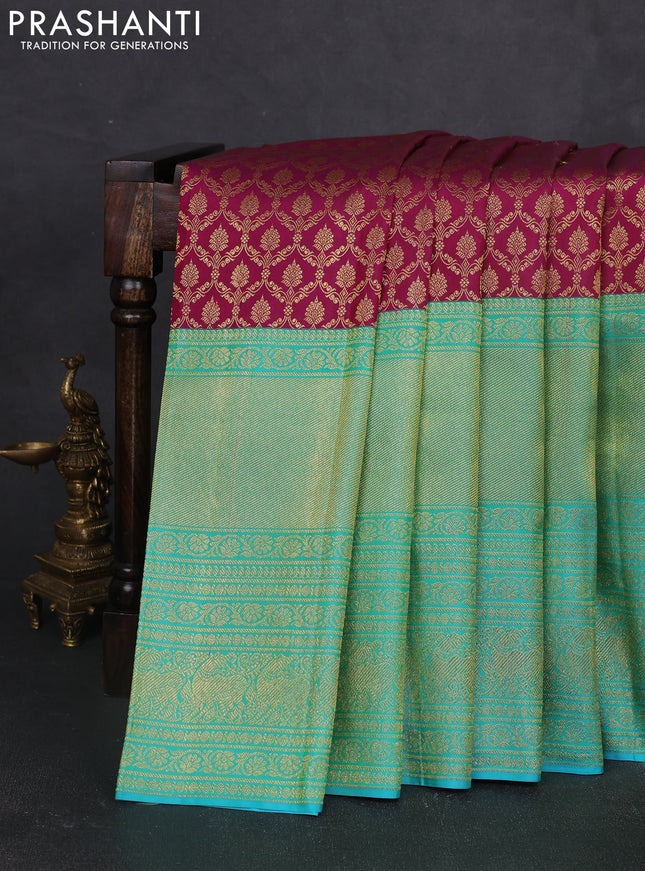Pure kanchipuram silk saree dark magenta and teal blue with allover zari woven brocade weaves and long zari woven border
