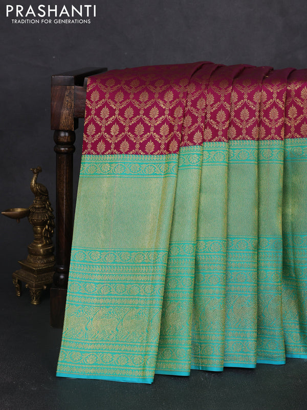 Pure kanchipuram silk saree dark magenta and teal blue with allover zari woven brocade weaves and long zari woven border