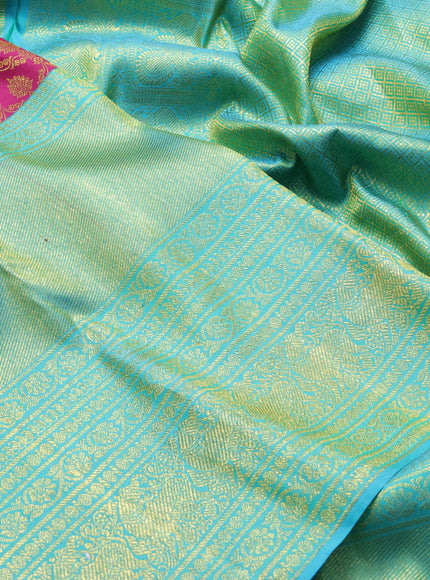 Pure kanchipuram silk saree dark magenta and teal blue with allover zari woven brocade weaves and long zari woven border