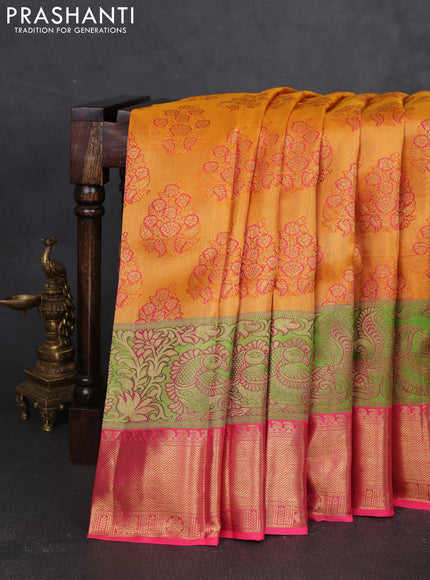 Pure kanchipuram silk saree mustard yellow and pink with allover floral self emboss pattern and long annam zari woven border