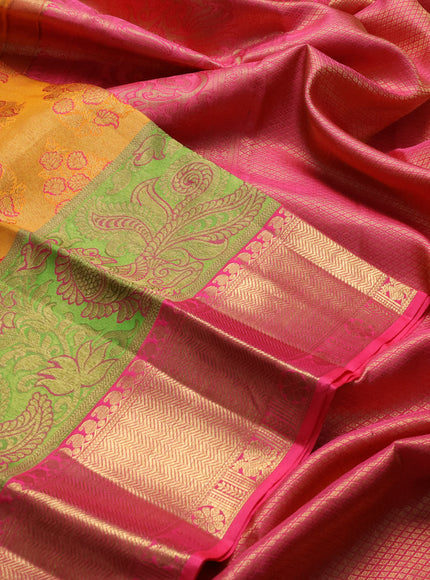 Pure kanchipuram silk saree mustard yellow and pink with allover floral self emboss pattern and long annam zari woven border