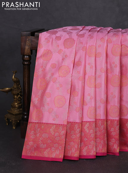 Pure kanchipuram silk saree light pink and dark pink with allover floral self emboss pattern and zari woven border