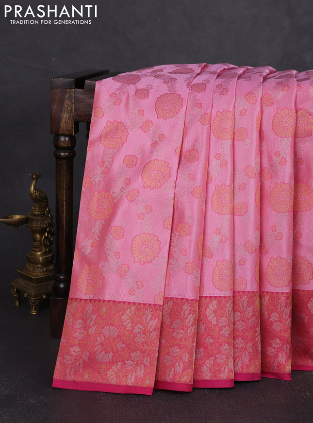 Pure kanchipuram silk saree light pink and dark pink with allover floral self emboss pattern and zari woven border