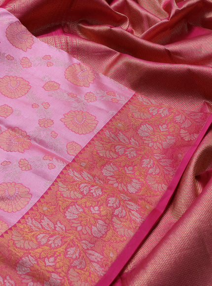Pure kanchipuram silk saree light pink and dark pink with allover floral self emboss pattern and zari woven border