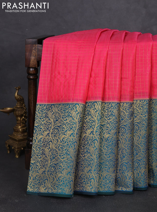 Pure kanchipuram silk saree candy pink and peacock green with allover zari woven checked pattern and long zari woven border