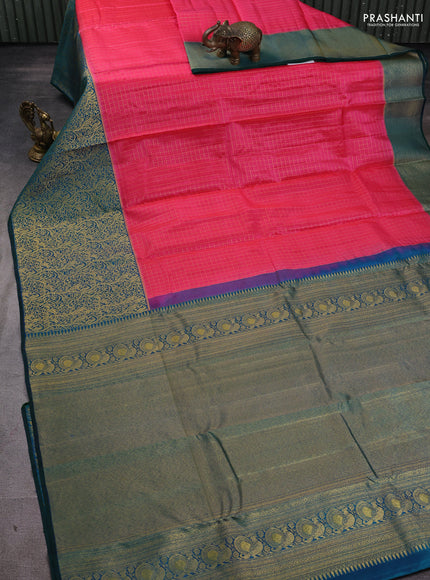 Pure kanchipuram silk saree candy pink and peacock green with allover zari woven checked pattern and long zari woven border
