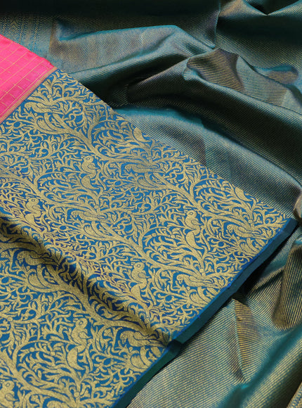 Pure kanchipuram silk saree candy pink and peacock green with allover zari woven checked pattern and long zari woven border