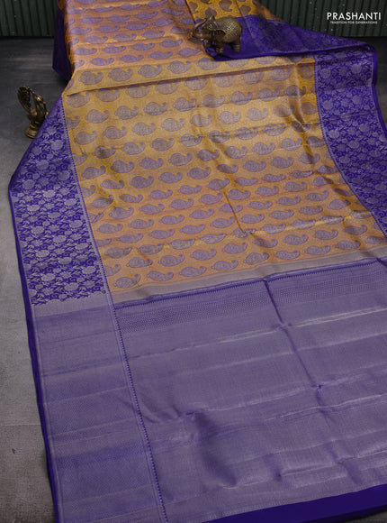 Pure kanchipuram silk saree dual shade of yellow and blue with allover zari woven paisley self emboss pattern and long paisley zari woven border