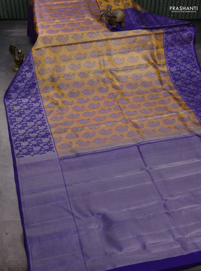 Pure kanchipuram silk saree dual shade of yellow and blue with allover zari woven paisley self emboss pattern and long paisley zari woven border