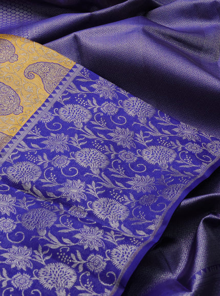 Pure kanchipuram silk saree dual shade of yellow and blue with allover zari woven paisley self emboss pattern and long paisley zari woven border