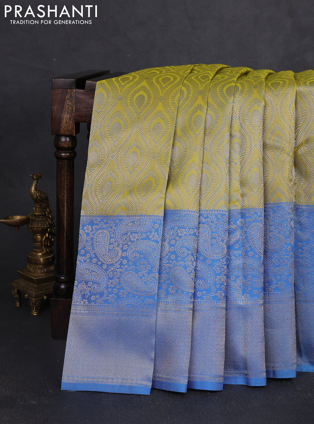 Pure kanchipuram silk saree lime yellow and blue with allover zari woven self emboss pattern and long paisley zari woven border