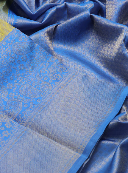 Pure kanchipuram silk saree lime yellow and blue with allover zari woven self emboss pattern and long paisley zari woven border