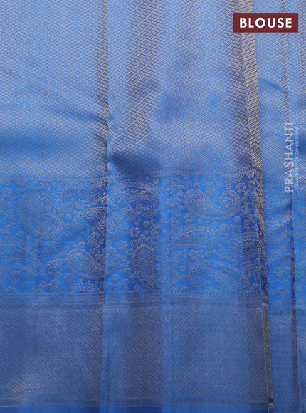 Pure kanchipuram silk saree lime yellow and blue with allover zari woven self emboss pattern and long paisley zari woven border