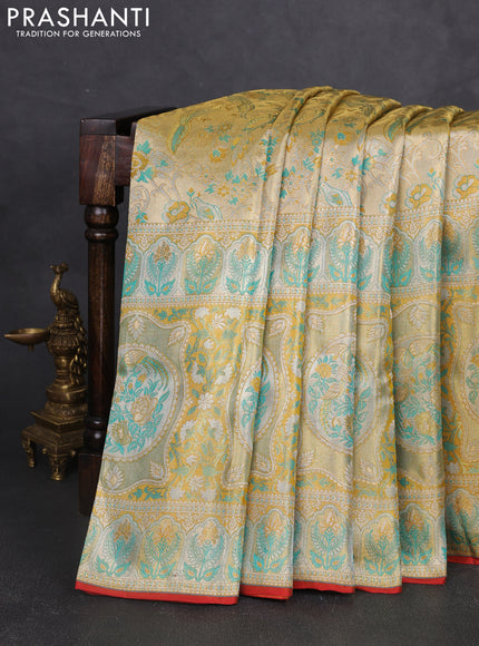 Pure kanchipuram tissue silk saree gold and mustard yellow with allover zari woven broacde weaves and zari woven border