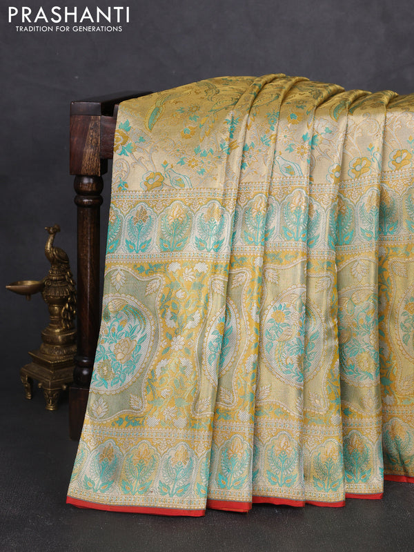Pure kanchipuram tissue silk saree gold and mustard yellow with allover zari woven broacde weaves and zari woven border