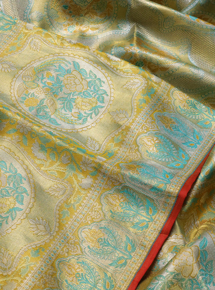 Pure kanchipuram tissue silk saree gold and mustard yellow with allover zari woven broacde weaves and zari woven border