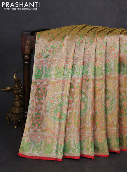 Pure kanchipuram tissue silk saree gold and peach light green with allover zari woven broacde weaves and zari woven border