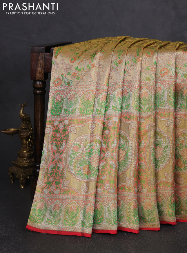 Pure kanchipuram tissue silk saree gold and peach light green with allover zari woven broacde weaves and zari woven border