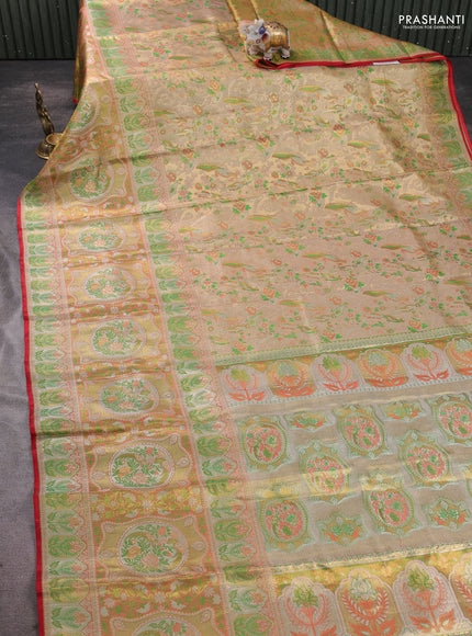 Pure kanchipuram tissue silk saree gold and peach light green with allover zari woven broacde weaves and zari woven border