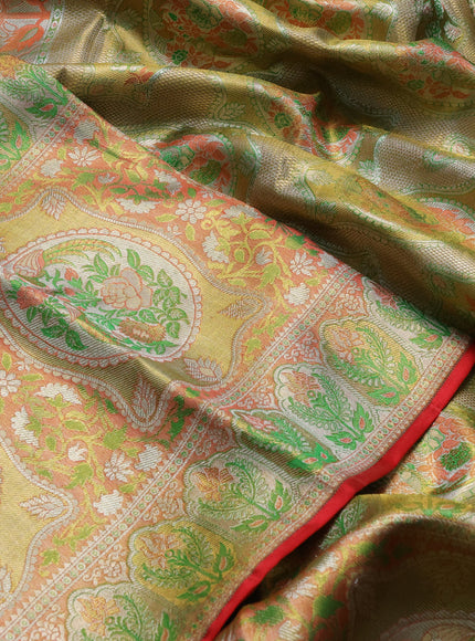 Pure kanchipuram tissue silk saree gold and peach light green with allover zari woven broacde weaves and zari woven border