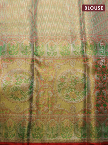 Pure kanchipuram tissue silk saree gold and peach light green with allover zari woven broacde weaves and zari woven border