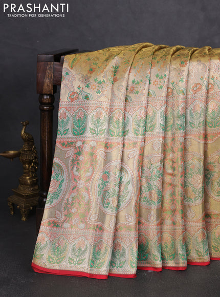 Pure kanchipuram tissue silk saree gold and green peach with allover zari woven broacde weaves and zari woven border