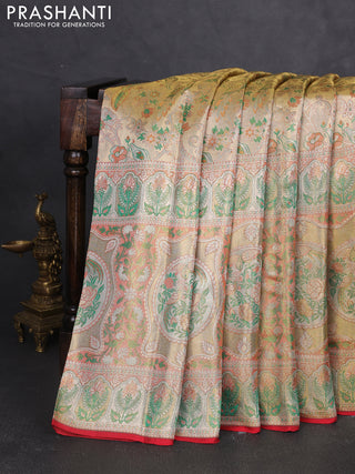 Pure kanchipuram tissue silk saree gold and green peach with allover zari woven broacde weaves and zari woven border
