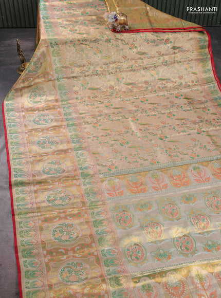 Pure kanchipuram tissue silk saree gold and green peach with allover zari woven broacde weaves and zari woven border
