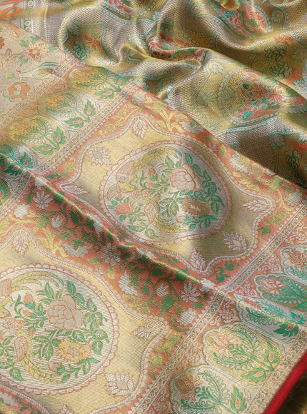 Pure kanchipuram tissue silk saree gold and green peach with allover zari woven broacde weaves and zari woven border
