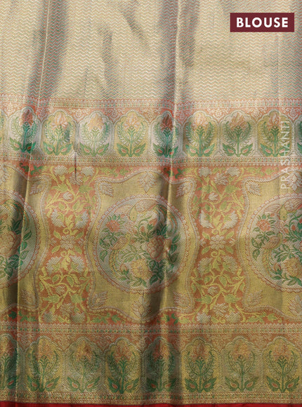 Pure kanchipuram tissue silk saree gold and green peach with allover zari woven broacde weaves and zari woven border