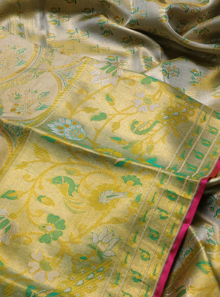 Pure kanchipuram tissue silk saree gold and green with allover zari woven broacde weaves and zari woven border