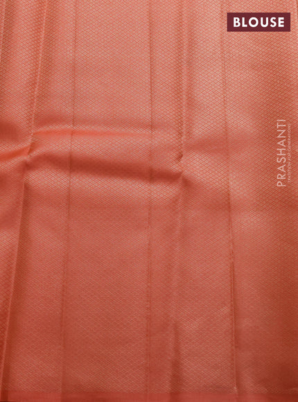 Pure kanchipuram silk saree cream and peach shade with allover self emboss pattern and long rich zari woven border