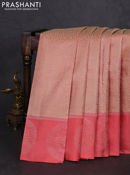 Pure kanchipuram silk saree sandal and peach pink with allover self emboss pattern and annam zari woven butta border