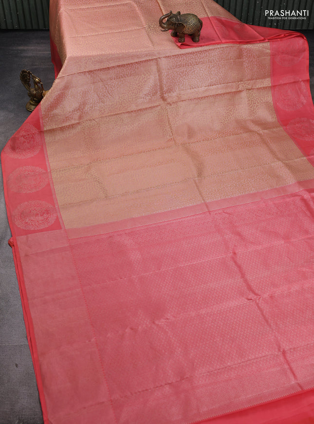Pure kanchipuram silk saree sandal and peach pink with allover self emboss pattern and annam zari woven butta border