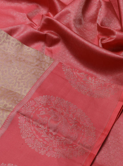 Pure kanchipuram silk saree sandal and peach pink with allover self emboss pattern and annam zari woven butta border
