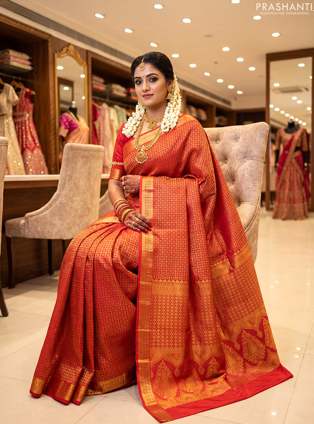 Pure kanchipuram silk saree red with allover zari woven brocade weaves and zari woven border
