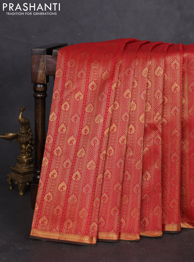 Pure kanchipuram silk saree red and green with allover zari woven brocade weaves and zari woven border