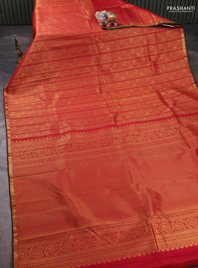 Pure kanchipuram silk saree red and green with allover zari woven brocade weaves and zari woven border