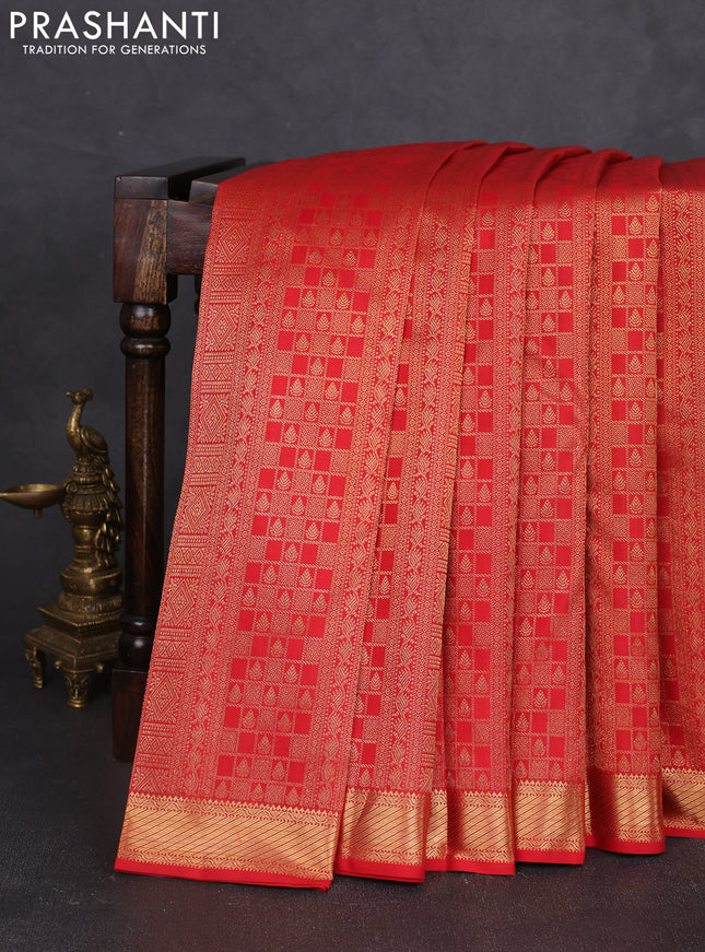 Pure kanchipuram silk saree red with allover zari woven brocade weaves and zari woven border