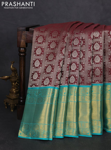 Pure kanchipuram silk saree rosy brown and teal blue with allover zari woven brocade weaves and long zari woven border