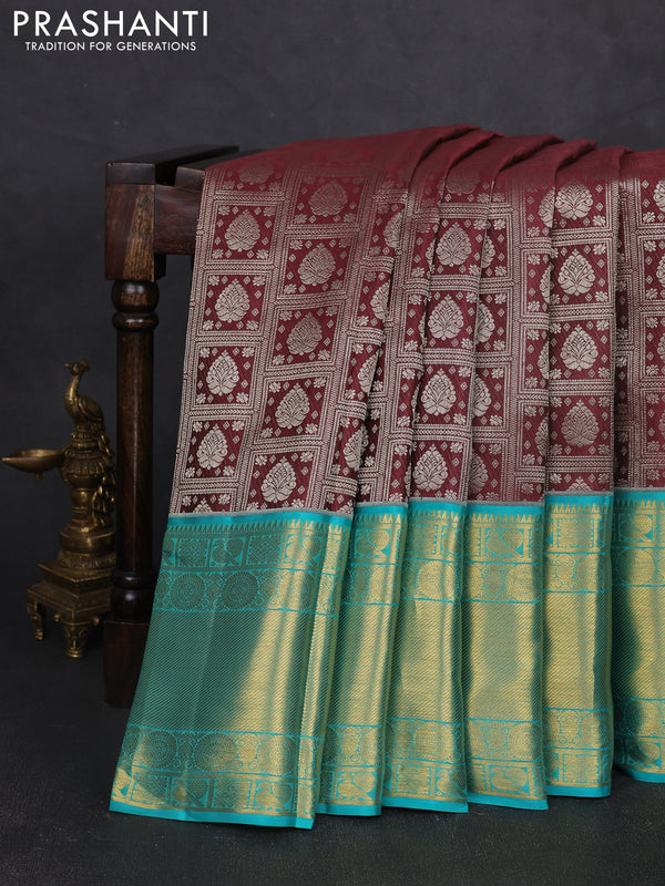 Pure kanchipuram silk saree rosy brown and teal blue with allover zari woven brocade weaves and long zari woven border