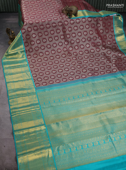 Pure kanchipuram silk saree rosy brown and teal blue with allover zari woven brocade weaves and long zari woven border