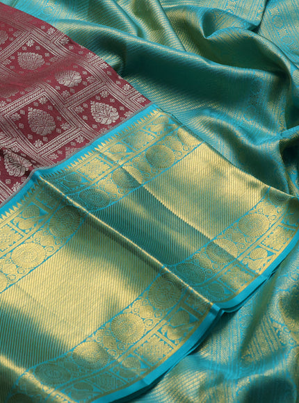 Pure kanchipuram silk saree rosy brown and teal blue with allover zari woven brocade weaves and long zari woven border