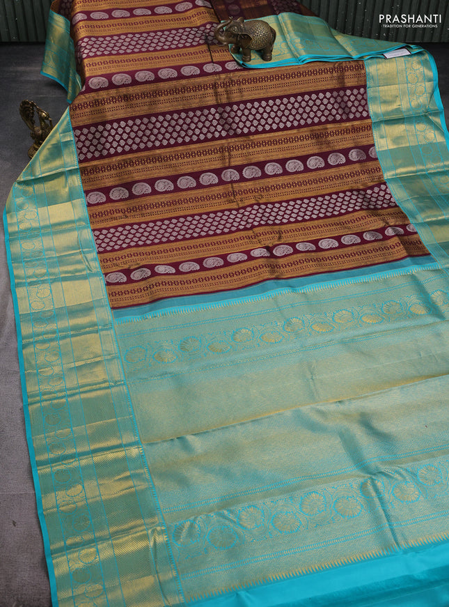 Pure kanchipuram silk saree wine shade and teal blue with allover silver & gold zari woven brocade weaves and long zari woven border