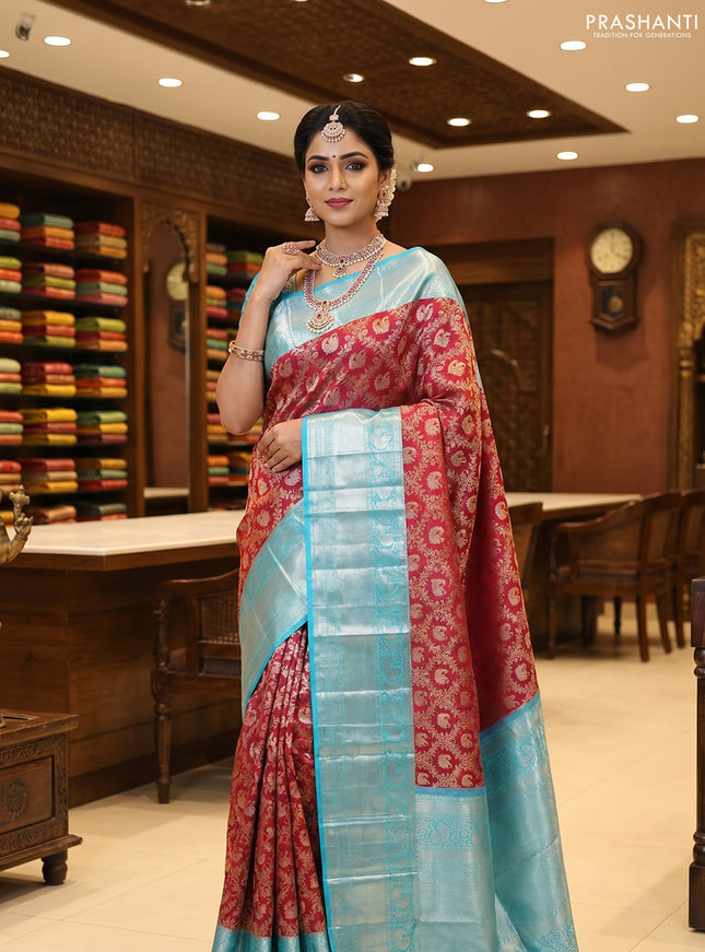 Pure kanchipuram silk saree maroon and teal blue with allover silver & gold zari woven annam brocade weaves and long annam silver zari woven border