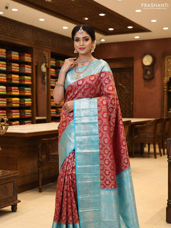Pure kanchipuram silk saree maroon and teal blue with allover silver & gold zari woven annam brocade weaves and long annam silver zari woven border