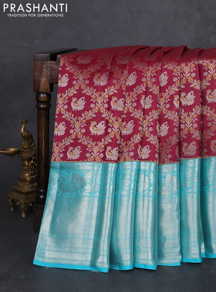 Pure kanchipuram silk saree maroon and teal blue with allover silver & gold zari woven annam brocade weaves and long annam silver zari woven border