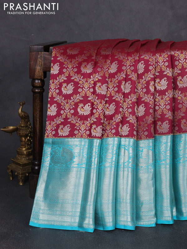 Pure kanchipuram silk saree maroon and teal blue with allover silver & gold zari woven annam brocade weaves and long annam silver zari woven border