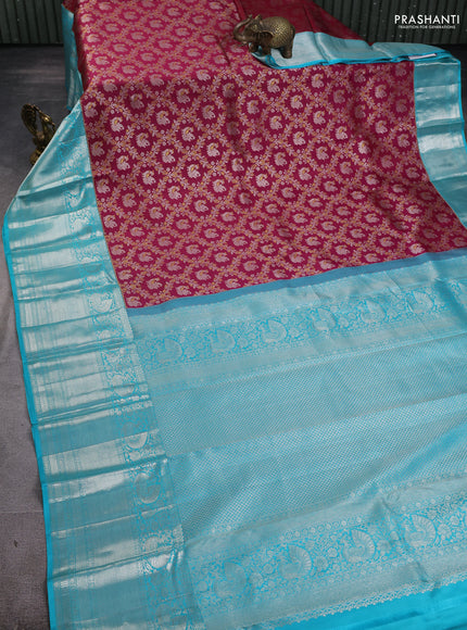 Pure kanchipuram silk saree maroon and teal blue with allover silver & gold zari woven annam brocade weaves and long annam silver zari woven border