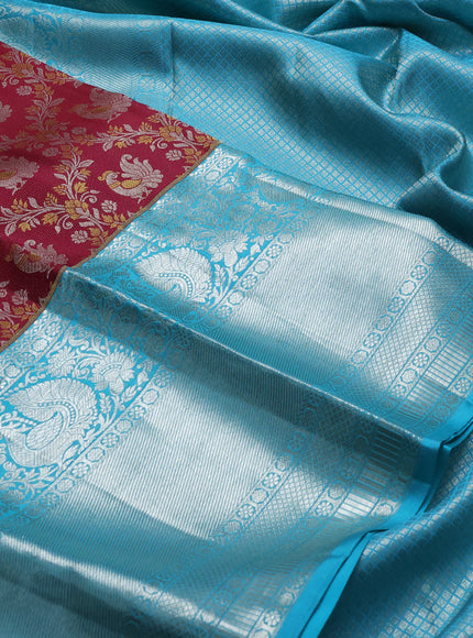 Pure kanchipuram silk saree maroon and teal blue with allover silver & gold zari woven annam brocade weaves and long annam silver zari woven border